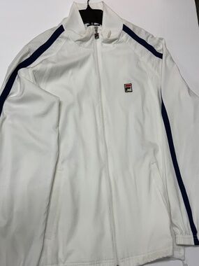 White fila track jacket with blue strip sleeve